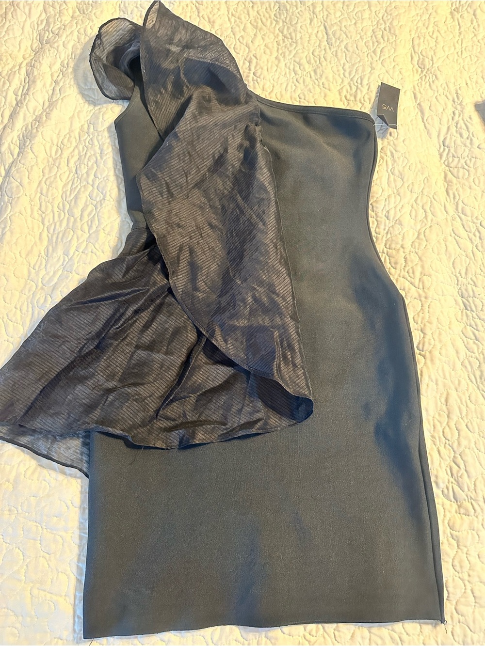 One-Shoulder Slate Black Ruffle Cocktail Dress